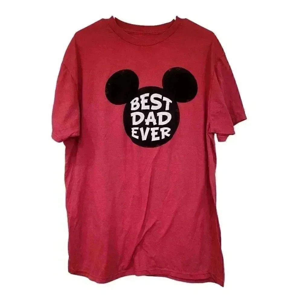 Disney Men's Heather Red Cotton/Poly Black Best Dad Ever Graphic Crew Neck Short